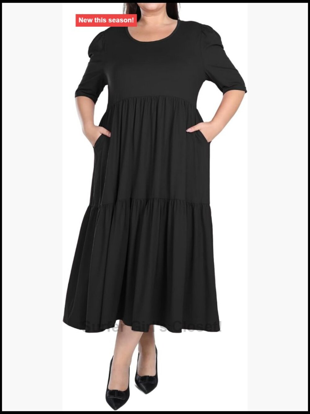 Plus Size Midi Dress with Pockets, A-Line Puff Sleeve Cocktail Dress